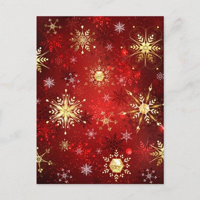Cartes Pour Fêtes Annuelles Noël Golden Snowflakes sur Arrière - plan rouge (Devant)