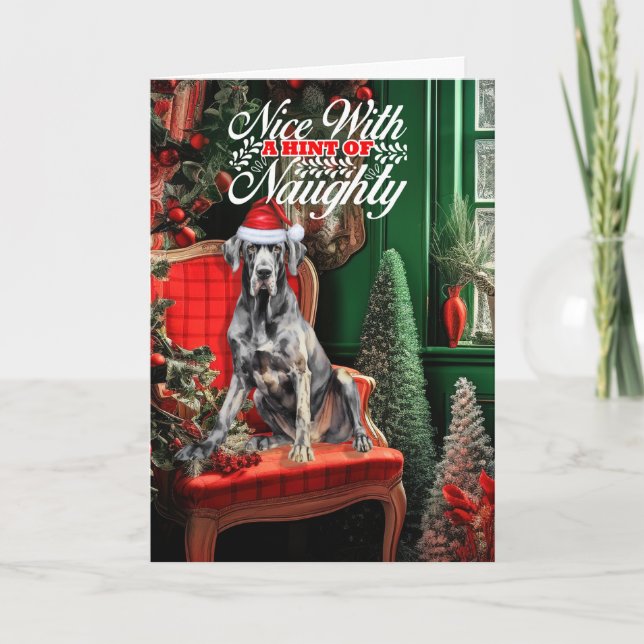 Cartes Pour Fêtes Annuelles Noël Grand Dane Chien Naughty ou Nice (Devant)