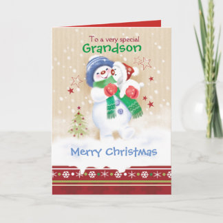 Cartes Pour Fêtes Annuelles Noël, Grand-fils. Cute Snowman et Chiot