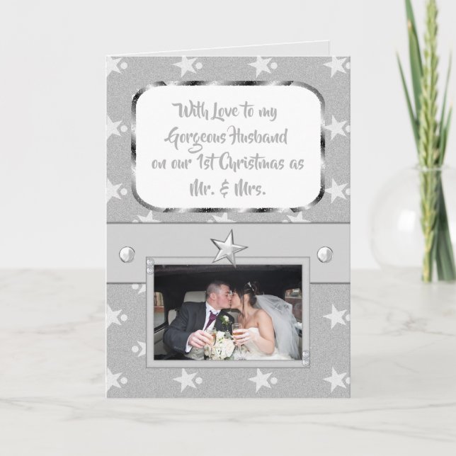 Cartes Pour Fêtes Annuelles Noël gris et blanc avec étoiles et photo (Devant)