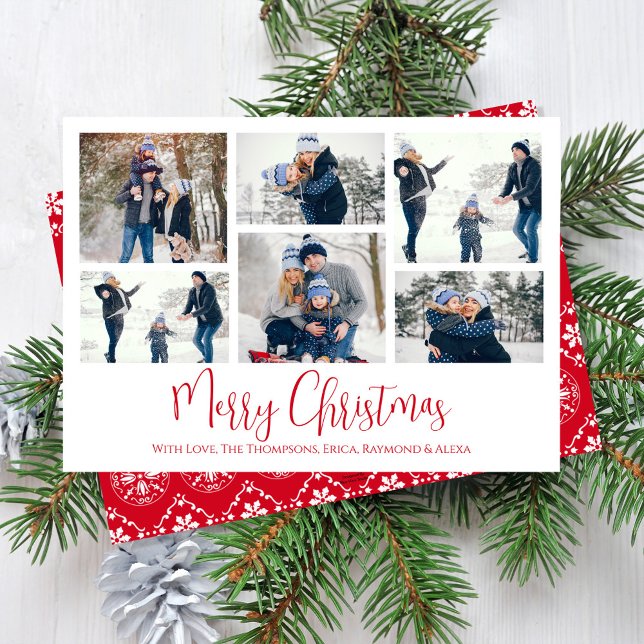 Cartes Pour Fêtes Annuelles Noël Holiday Multi 6 Photo Red Snowflon (Merry Christmas cute calligraphy script multi photo card with red snowflake pattern. )