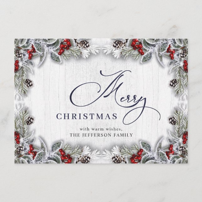 Cartes Pour Fêtes Annuelles Noël Holly Berry Pine Rustic Wood Salutation (Devant)
