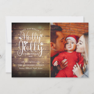 Cartes Pour Fêtes Annuelles Noël Holly Jolly Script Rustique Photo Bois