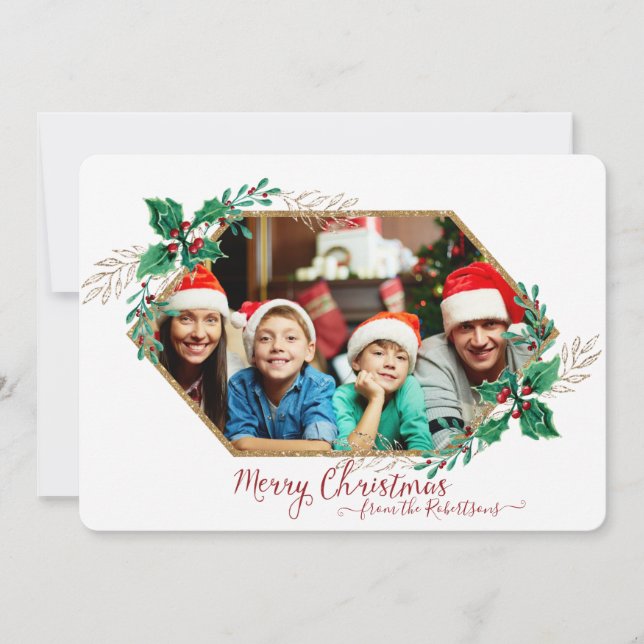 Cartes Pour Fêtes Annuelles Noël Houx Baie Hexagone Paillettes d'Or n Photo (Devant)
