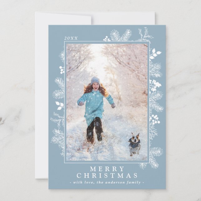 Cartes Pour Fêtes Annuelles Noël Ice Bleu et Blanc Botanique | Photo (Devant)