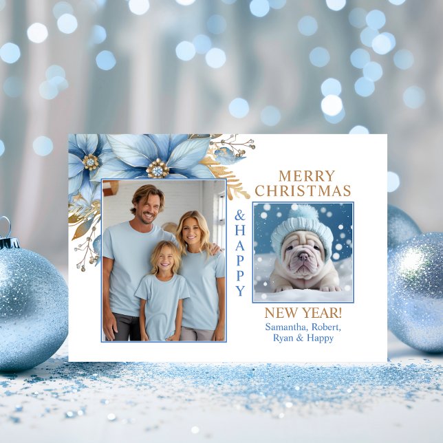Cartes Pour Fêtes Annuelles Noël Icy Blue Gold Poinsettia | 2 PHOTO (Icy Blue Gold Poinsettia Christmas  2 PHOTO Holiday Card)
