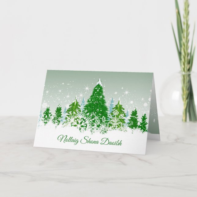 Cartes Pour Fêtes Annuelles Noël irlandais, sapins verts enneigés (Devant)