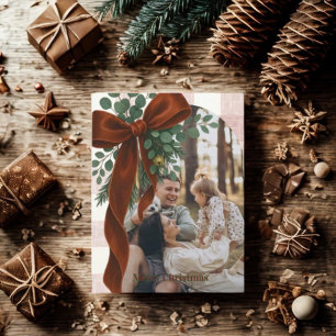 Cartes Pour Fêtes Annuelles Noël Joyeux Gingham Rustique Arc Élégant Photo