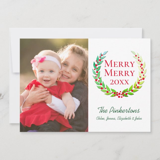 Cartes Pour Fêtes Annuelles Noël Joyeux Merry Laurel Wreath Family Photo (Devant)