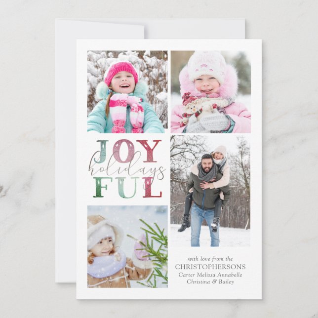 Cartes Pour Fêtes Annuelles Noël JOYFUL VACANCES 4Photos Aquarelle (Devant)