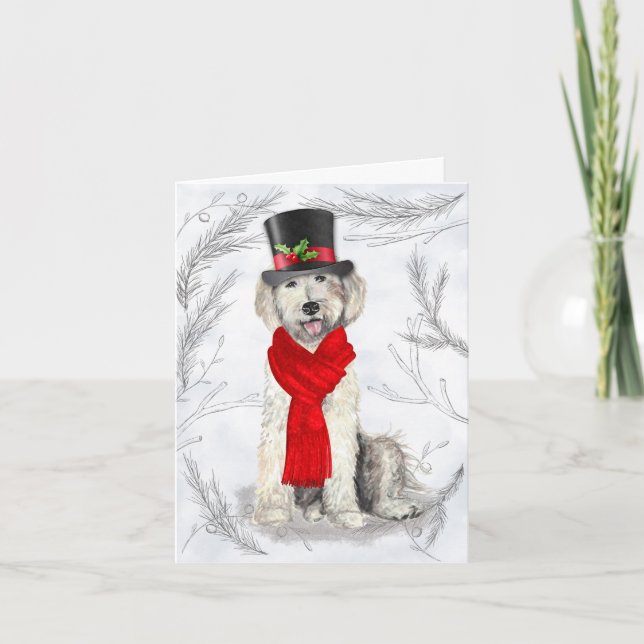 Cartes Pour Fêtes Annuelles Noël Labradoodé jaune et Pins botaniques (Devant)