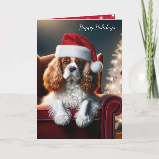 Cartes Pour Fêtes Annuelles Noël Le roi Charles Spaniel sur une chaise rouge (Devant)