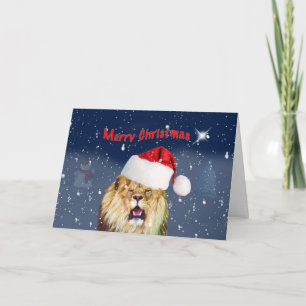 Cartes Pour Fêtes Annuelles Noël, lion dans le casquette de Père Noël, étoile,