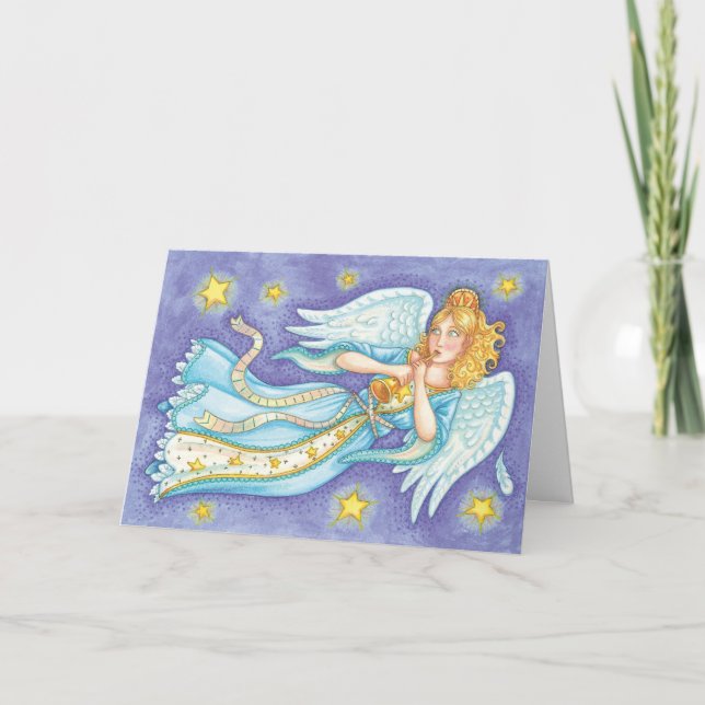 Cartes Pour Fêtes Annuelles Noël mignon, Angel Musicien Jouant Sa Corne (Devant)
