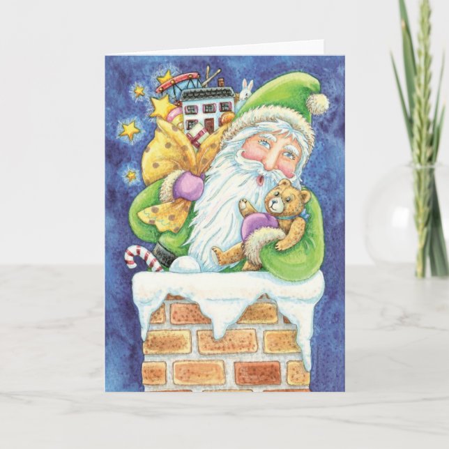 Cartes Pour Fêtes Annuelles Noël mignon, Père Noël à Chimney avec jouets (Devant)