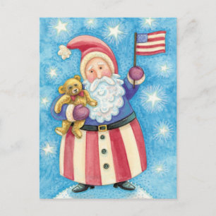 Cartes Pour Fêtes Annuelles Noël mignon, Père Noël patriotique avec drapeau