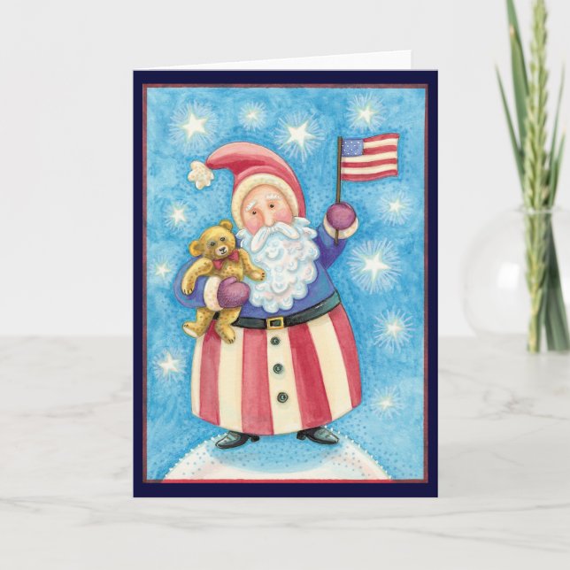 Cartes Pour Fêtes Annuelles Noël mignon, Père Noël patriotique avec drapeau (Devant)