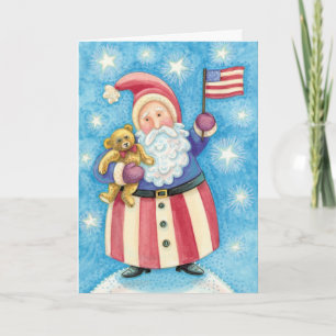 Cartes Pour Fêtes Annuelles Noël mignon, Père Noël patriotique avec drapeau