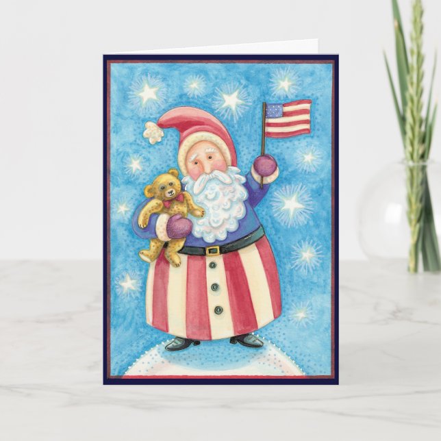 Cartes Pour Fêtes Annuelles Noël mignon, Père Noël patriotique avec drapeau (Devant)