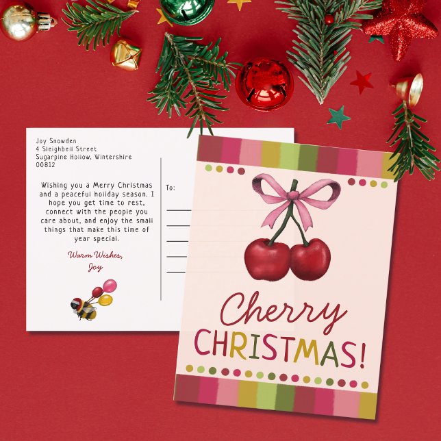 Cartes Pour Fêtes Annuelles Noël mignonne croupe rose et cerise rouge (Créateur téléchargé)