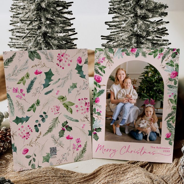 Cartes Pour Fêtes Annuelles Noel moderne rose pâle vert Arc 1 Photo (Créateur téléchargé)