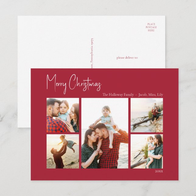 Cartes Pour Fêtes Annuelles Noël moderne | Script rouge à cinq photos (Devant / Derrière)