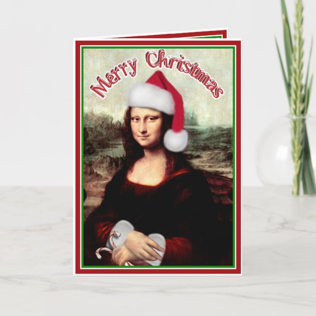 Cartes Pour Fêtes Annuelles Noël Mona Lisa avec chapeau de Santa (Devant)