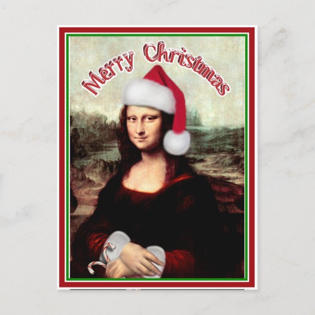 Cartes Pour Fêtes Annuelles Noël Mona Lisa avec chapeau de Santa (Devant)