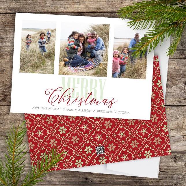 Cartes Pour Fêtes Annuelles Noël Multi Trois Photo Red Green Snowflon (Merry Christmas Calligraphy Script holiday multi photo card with elegant snowflake pattern)