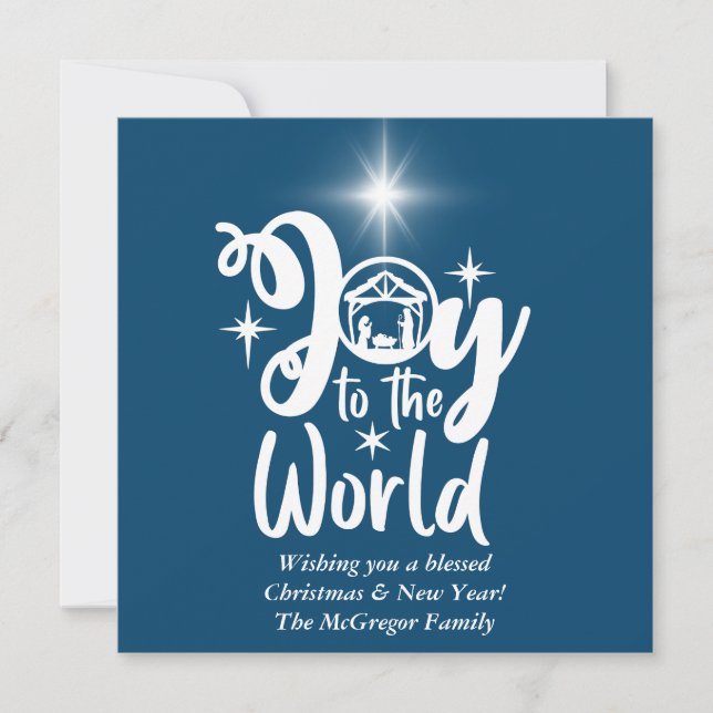 Cartes Pour Fêtes Annuelles Noël Nativité Joie au monde Bleu & Blanc (Devant)
