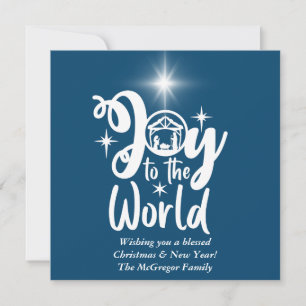 Cartes Pour Fêtes Annuelles Noël Nativité Joie au monde Bleu & Blanc