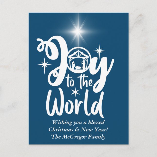 Cartes Pour Fêtes Annuelles Noël Nativité Joie au monde Bleu & Blanc (Devant)