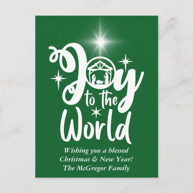 Cartes Pour Fêtes Annuelles Noël Nativité Joie au monde Vert & Blanc (Devant)