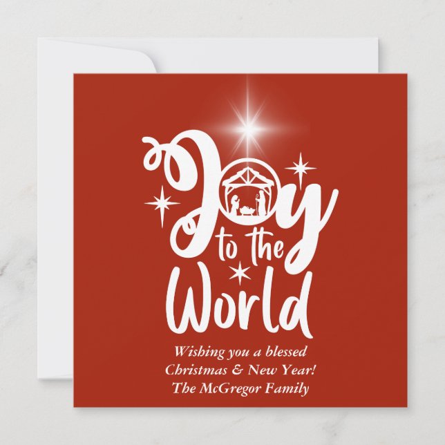 Cartes Pour Fêtes Annuelles Noël Nativité Joy au monde Rouge & Blanc (Devant)