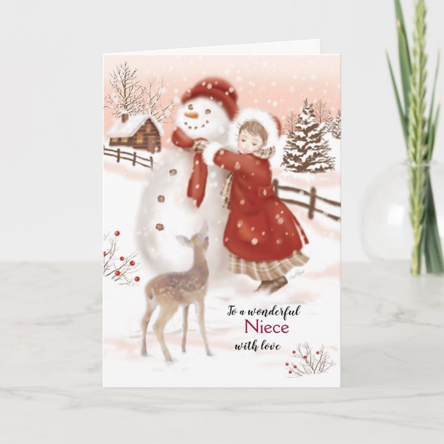 Cartes Pour Fêtes Annuelles Noël, nièce, cerf, fille et bonhomme de neige (Devant)