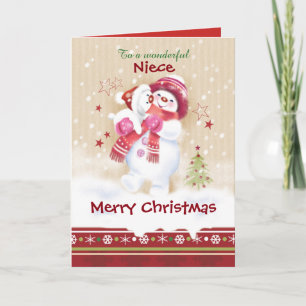 Cartes Pour Fêtes Annuelles Noël, nièce, enfant de neige étreint le chiot de