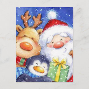 Cartes Pour Fêtes Annuelles Noël Père Noël Reindeer et Penguin