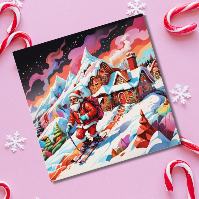 Cartes Pour Fêtes Annuelles Noël père Noël skiant psychédélique  (Créateur téléchargé)