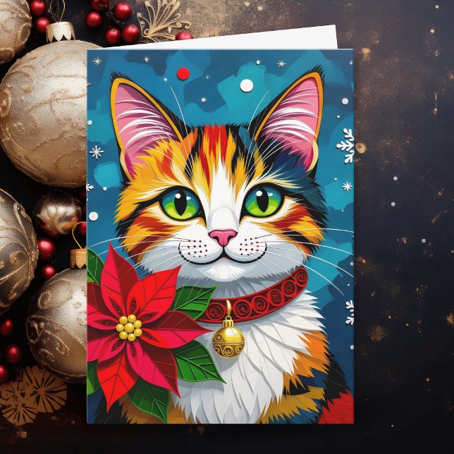 Cartes Pour Fêtes Annuelles Noël personnalisé avec chat et poinsettia (Créateur téléchargé)