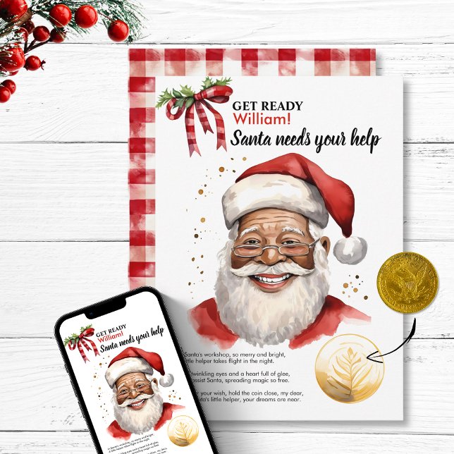Cartes Pour Fêtes Annuelles Noël Personnalisé Nom De L'Enfant Père Noël Magiqu (Christmas eve Custom Child Name Santa Magic Coin Wish Holiday Card personalized gift north pole )