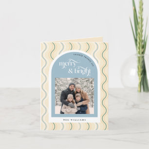 Cartes Pour Fêtes Annuelles Noël Photo aux Bandes Ondulées Beige et Bleu Paste