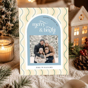 Cartes Pour Fêtes Annuelles Noël Photo aux Bandes Ondulées Beige et Bleu Paste