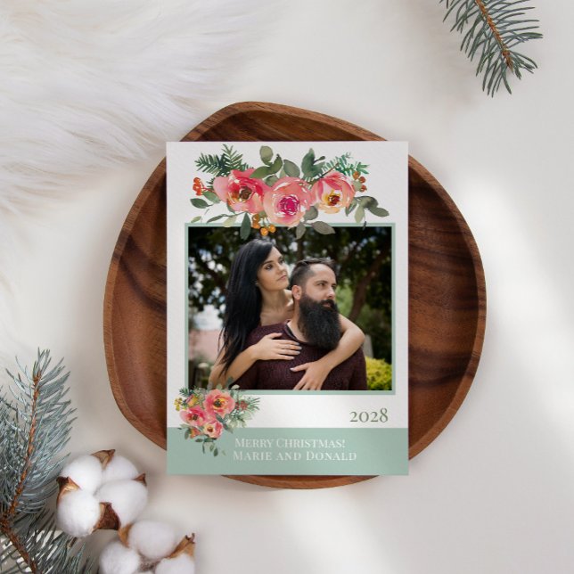 Cartes Pour Fêtes Annuelles Noël Photo Fleurie Rouge Verte Ajoutez Votre Propr (Créateur téléchargé)