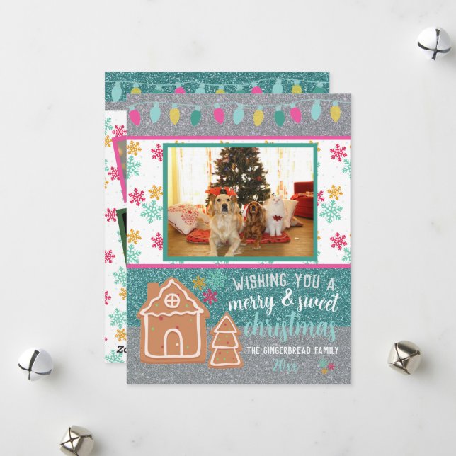 Cartes Pour Fêtes Annuelles Noël Photo pain d'épices Parties scintillant de fl (Devant/Arrière en situation)