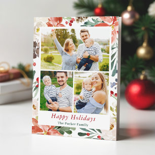 Cartes Pour Fêtes Annuelles Noël Poinsettia Holly Berries Floral 3 Photo