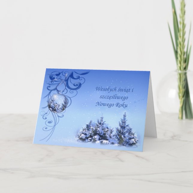 Cartes Pour Fêtes Annuelles Noël polonais - sapins enneigés, baubles, tourbill (Devant)