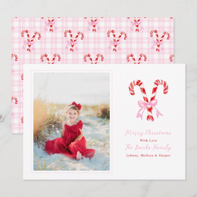Cartes Pour Fêtes Annuelles Noël Prépa Aquarelle Canne à Sucre Rubans Roses (Devant / Derrière)