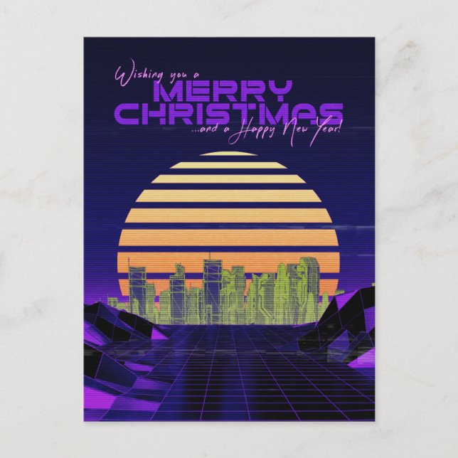 Cartes Pour Fêtes Annuelles Noël Purple Synthwave (Devant)