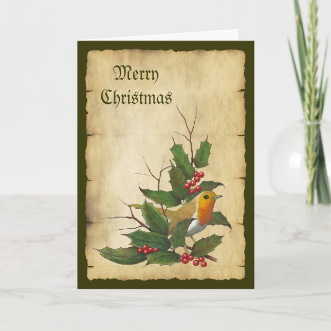 Cartes Pour Fêtes Annuelles Noël : Robin anglais, Parchemin, Holly, Twigs (Devant)