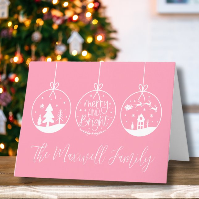 Cartes Pour Fêtes Annuelles Noël rose moderne simple (Simple Modern Pink Merry And Bright Holiday Card)